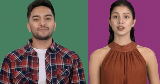 A person with short dark hair and a beard, wearing a red plaid shirt, stands against a green background. Next to him, a person with long dark hair is shown in a brown sleeveless top, standing against a purple background. Both are facing the camera.