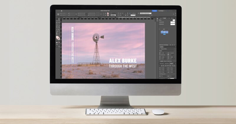 An image of a desktop computer displaying a design software interface, with a book cover project open. The cover features a photograph of a windmill in a desert during sunset, and the title "ALEX BURKE: THROUGH THE WEST" written in capital letters.