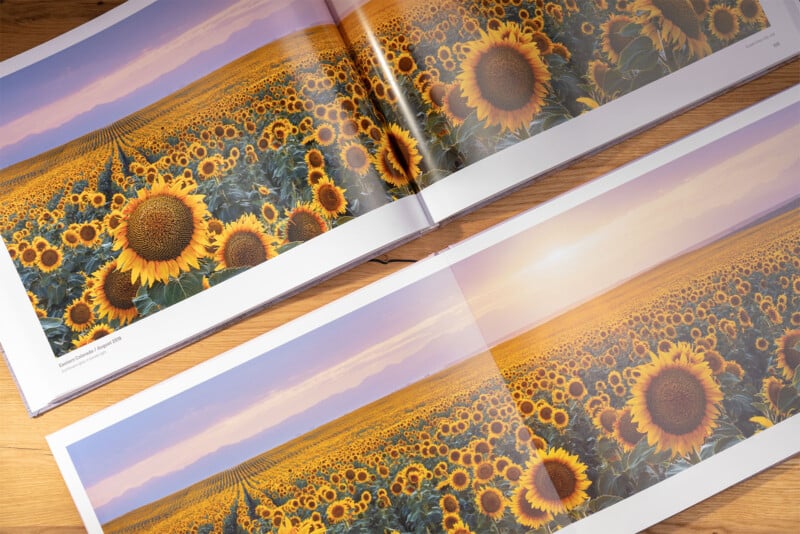 A wooden surface with two open books displaying photographs of sunflower fields under a colorful sky. The close-up view in both books shows vibrant, yellow sunflowers stretching to the horizon, bathed in warm light with mountains visible in the background.