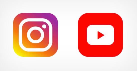 The image shows two app icons: Instagram on the left, represented by a multicolored camera logo within a square, and YouTube on the right, represented by a white play button within a red square.