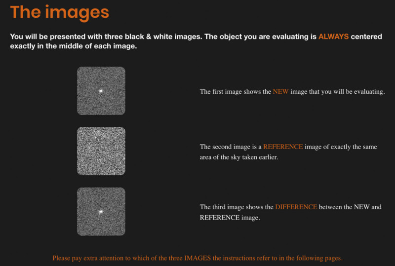 An instruction slide displaying three black-and-white images arranged vertically. The text explains that the first image is new, the second is a reference, and the third shows the difference between the new and reference images. A small white dot appears in the center of each image.