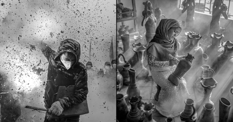 A split image: On the left, a person wearing a mask and jacket stands amid flying debris and sparks. On the right, a person in a headscarf and shawl inspects pottery amidst a smoky, sunlit workshop filled with ceramic vases. Black and white photo.