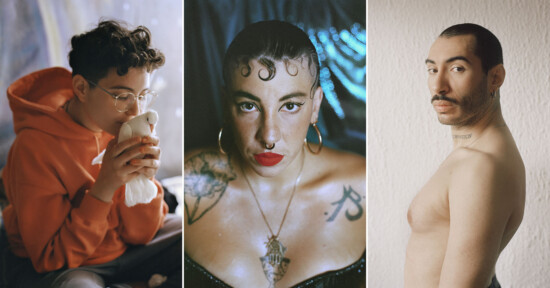 Three portraits of individuals. The first person wears glasses and an orange hoodie, holding a plush toy close to their face. The second person has short hair, bold makeup, hoop earrings, and visible tattoos, wearing a shiny garment. The third person is shirtless, with a mustache and a tattoo on the neck.