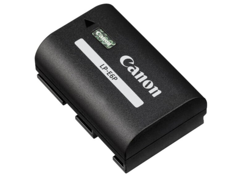 A Canon LP-E6P battery pack is shown. The black rectangular battery has the Canon logo, "LP-E6P" text in white, and a green holographic sticker. It is designed for use with Canon cameras.