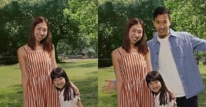 A woman and a young girl stand outdoors, smiling, with greenery in the background. In the next frame, a man joins them, posing with his arm around the woman and gesturing enthusiastically. The setting appears to be a park on a sunny day.