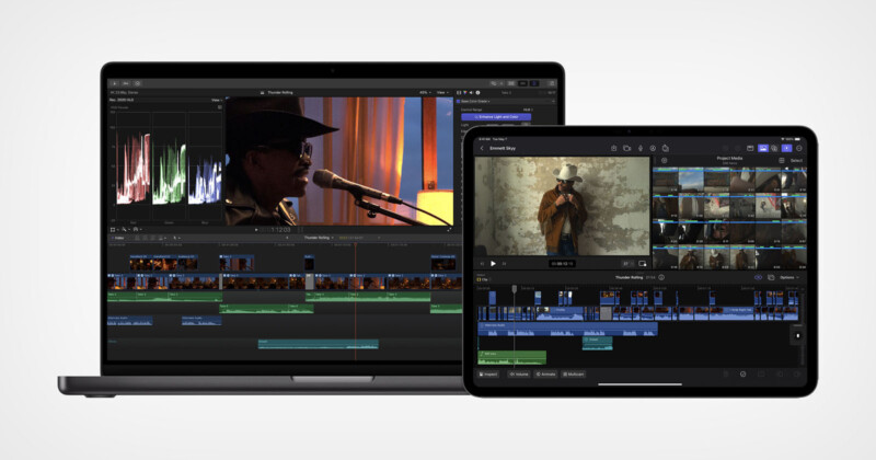 A MacBook and an iPad displaying video editing software. The MacBook shows a video project with multiple layers of tracks, including a clip of a person speaking into a microphone. The iPad shows video editing in progress with timelines and video clips.