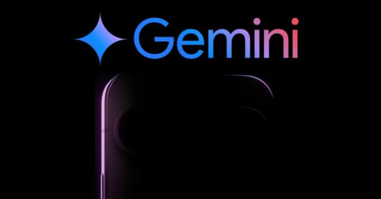 A mysterious, partially visible smartphone with a sleek design is cast in shadows against a black background. Above it, the word "Gemini" is displayed in gradient blue and pink text next to a stylized blue star.