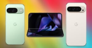 Image of three smartphones against a colorful gradient background. On the left is a light green phone, in the center is a foldable phone with a partially folded screen showing abstract visuals, and on the right is a beige phone. All phones feature the Google "G" logo.