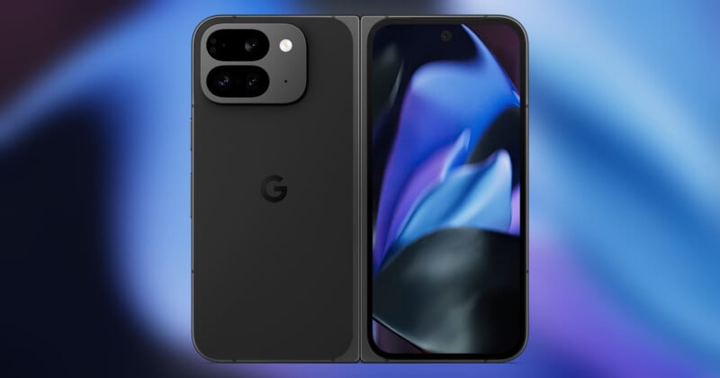 A Google-branded foldable smartphone is displayed against a blue and purple blurred background. The phone has a matte black finish, with its dual rear cameras visible on the left side and the unfolded screen showing a colorful abstract pattern on the right.