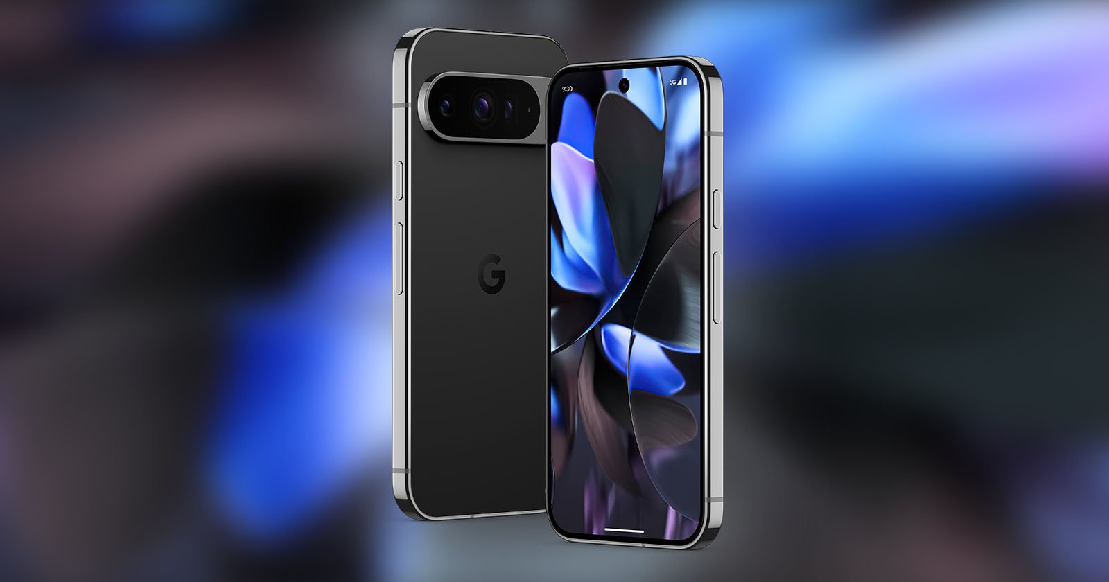 A sleek, black smartphone with a metallic frame is shown. Its front display showcases a vibrant, abstract blue and purple wallpaper. The back features a camera module with dual lenses and an LED flash. The phone displays the letter "G" logo on the back.