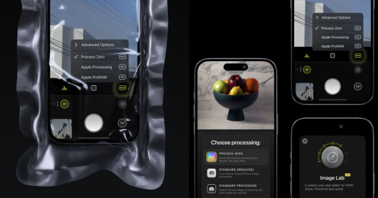 A mobile phone screen displays an advanced camera app with options for processing images, including Apple ProRAW. Another part of the screen shows a bowl of fruit. There are additional icons and text options on the screen for image editing and processing modes.