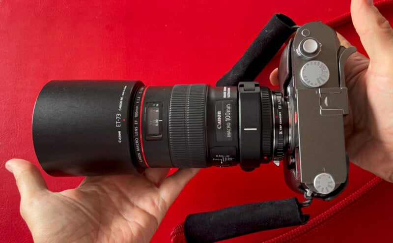 A person's hands holding a camera with an attached Canon EF 100mm f/2.8L Macro IS USM lens, mounted on a red background. The camera body is silver with black components, and the lens has a lens hood marked ET-73.