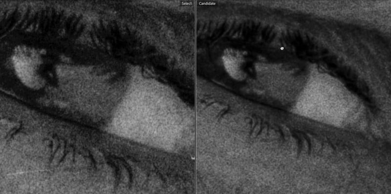 A black and white close-up image showing two eyes side-by-side. The left side is labeled "Select" and the right side "Candidate". Both eyes display intricate details of the eyelashes and eyelids, with evident noise texture in the image.