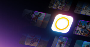 A bright, illuminated circle is centered on a dark background with a purple gradient. Surrounding the circle are various smaller, dimly lit photos, primarily showcasing people engaged in outdoor activities and adventure sports like surfing, skiing, and motocross.