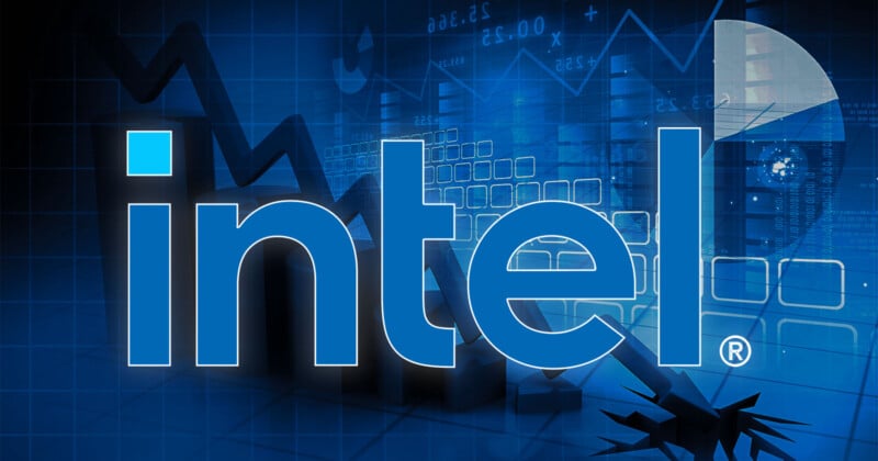 Blue-themed image featuring the word "intel" prominently in the center. Background includes various abstract elements like graphs, numbers, and technical schematics, alluding to technology and data processing.