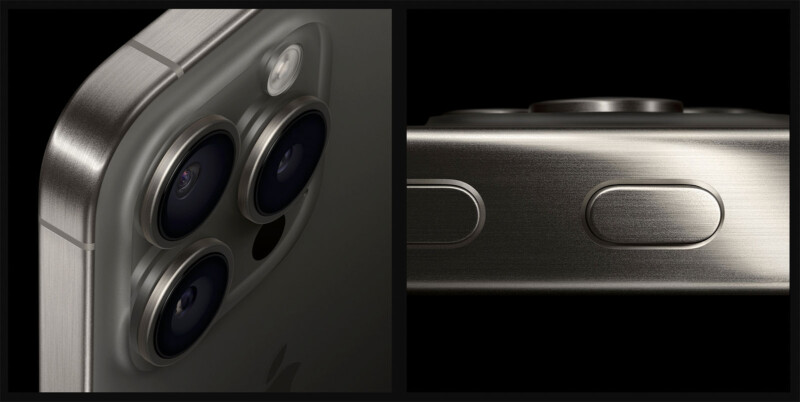 Close-up images of a smartphone: the left side shows three camera lenses and a microphone cutout on a sleek metallic back; the right side displays volume buttons on the phone's edge, highlighting the design and finish of the device.