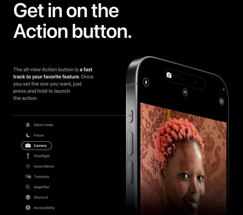 An image showing the new iPhone with the Action button located on the side. The screen has a vibrant photo of a person with a focus on their face. Text above reads, "Get in on the Action button," and next to the phone are various customizable options for the button.