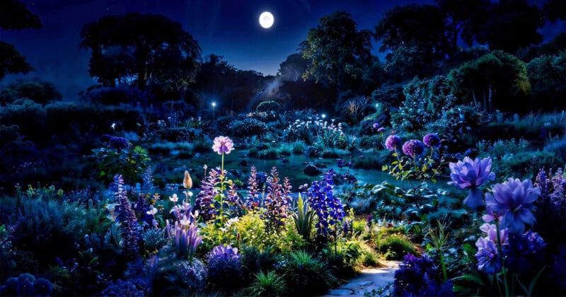 A serene nighttime garden scene lit by a bright full moon. Various flowers in shades of blue, purple, and white bloom around a stone path leading to a pond. Tall trees and lush greenery frame the background, with soft moonlight casting a tranquil glow on the foliage.