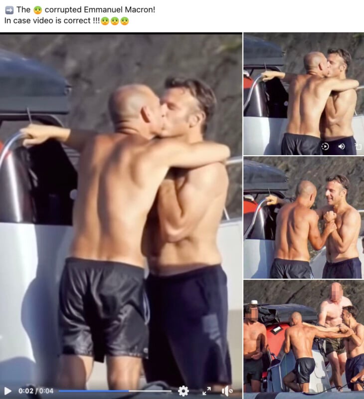 Four images showing two shirtless men embracing and kissing near a vehicle outdoors. One image has a blurred face. The text at the top reads, "The 🤢 corrupted Emmanuel Macron! In case video is correct !!!😳😳😳.