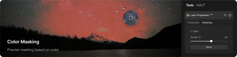 Image showing a photo-editing software interface with a "Color Masking" feature. The background image of a starry night sky has a color selection tool applied, highlighting the sky in red. A sidebar on the right displays mask properties and color adjustment options.