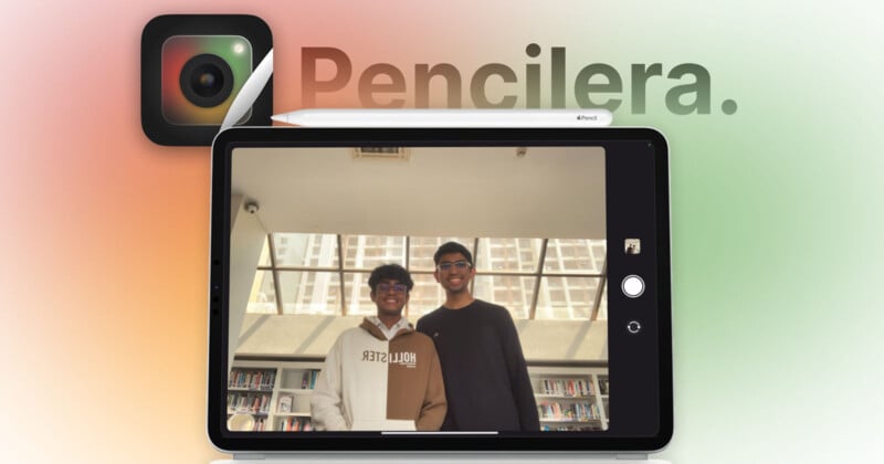 A digital artwork showing a close-up of an iPad screen displaying a photo of two smiling individuals standing side by side in a library. The background shows the word "Pencilera" with a stylized pencil image above the iPad.