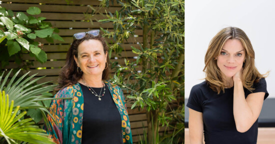 Two women are pictured: one on the left, smiling outdoors with glasses on her head, wearing a floral-patterned garment, and the other on the right, indoors, posing with her hand on her neck, wearing a black top and smiling softly.