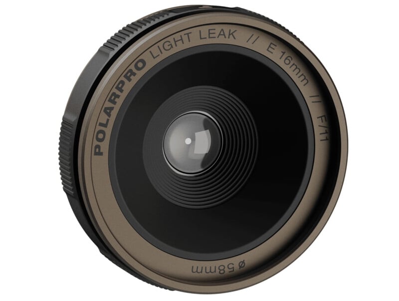 A close-up of a POLARPRO camera lens with inscriptions stating "LIGHT LEAK," "E 16mm," "F11," and "58mm." The lens features a sleek black and metallic design.