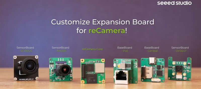 Various expansion boards for reCamera are displayed, including SensorBoard - SC130GS, SensorBoard - IMX335, reCamera Core, BaseBoard - PoE, BaseBoard - Gimbal, and SensorBoard - OV5647, with "Customize Expansion Board for reCamera!" text and Seeed Studio logo.