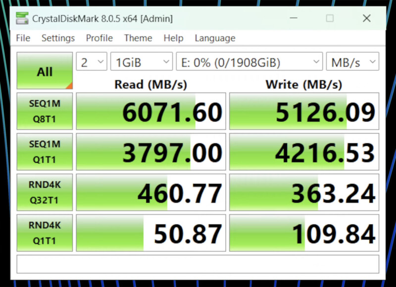 A CrystalDiskMark software window showing disk benchmarking results. The read and write speeds in MB/s are as follows: Sequential (SEQ1M Q8T1): 6071.60 read, 5126.09 write. SEQ1M Q1T1: 3797.00 read, 4216.53 write. Random (RND4K Q32T1): 460.77 read, 363.24 write. RND4K Q1T1: 50.87 read, 109.84 write.