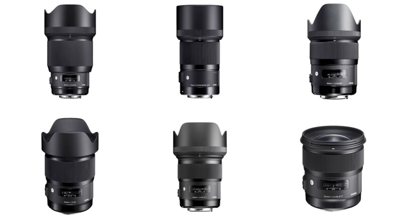 Image of six Sigma camera lenses displayed in two rows of three. Each lens is black with a variety of features and design differences. The lenses are arranged similarly, with the lens mount facing the bottom.