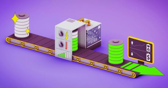 Illustration of an energy-efficient conveyor belt transporting power batteries past a control unit and a digital screen displaying energy consumption trends with a downward arrow and dollar symbol, suggesting cost savings. The background is purple.