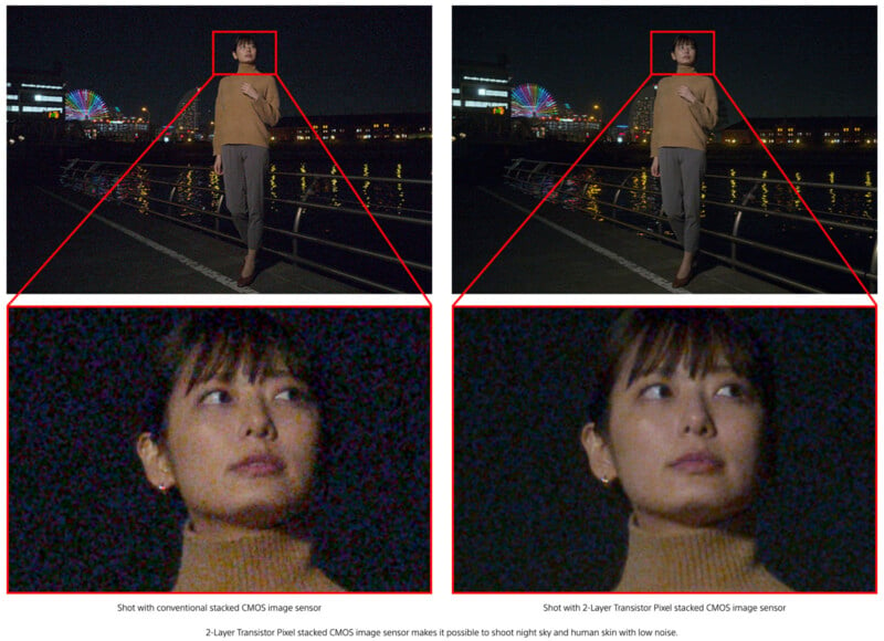 Comparison image showing the difference between a conventional stacked CMOS image sensor and a new 2-layer Transistor Pixel stacked CMOS image sensor. The new sensor produces a clearer, less noisy image in low light conditions, evident in close-up insets.