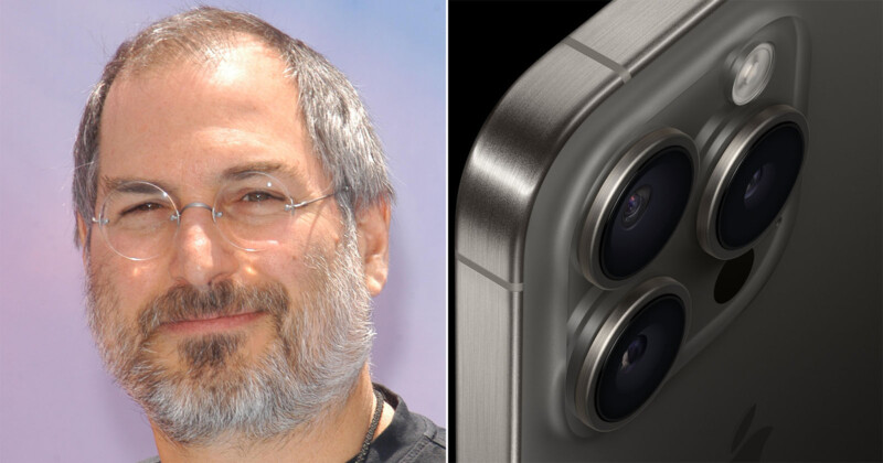 A bearded person with glasses smiles in the left half of the image, which has a light blue and purple background. The right half shows a close-up of the three camera lenses on the back of a smartphone with a metallic finish.