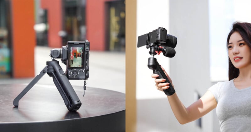 Two images side-by-side: on the left, a camera with a gimbal mounted on a tripod on a table; on the right, a woman using a similar camera and gimbal setup as a handheld device, filming herself. The background shows an outdoor urban setting.