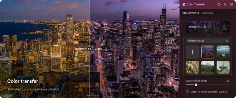 A split-screen image of a cityscape at dusk, with the left side showcasing a daytime view labeled "Before" and the right side showing a nighttime view labeled "After." To the right, a user interface displays color transfer options and settings for photo adjustments.