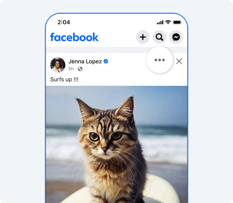 Facebook post by Jenna Lopez featuring a close-up of a cat sitting on a surfboard at the beach. The background shows waves and the sky. The post has a caption that reads, "Surfs up!!!" The Facebook interface is visible with icons and a timestamp showing "5h".