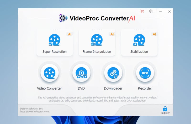 Screenshot of VideoProc Converter AI software interface displaying six primary feature icons: Super Resolution, Frame Interpolation, Stabilization, Video Converter, DVD, Downloader, and Recorder. The window also includes options for Register, Help, and version info.