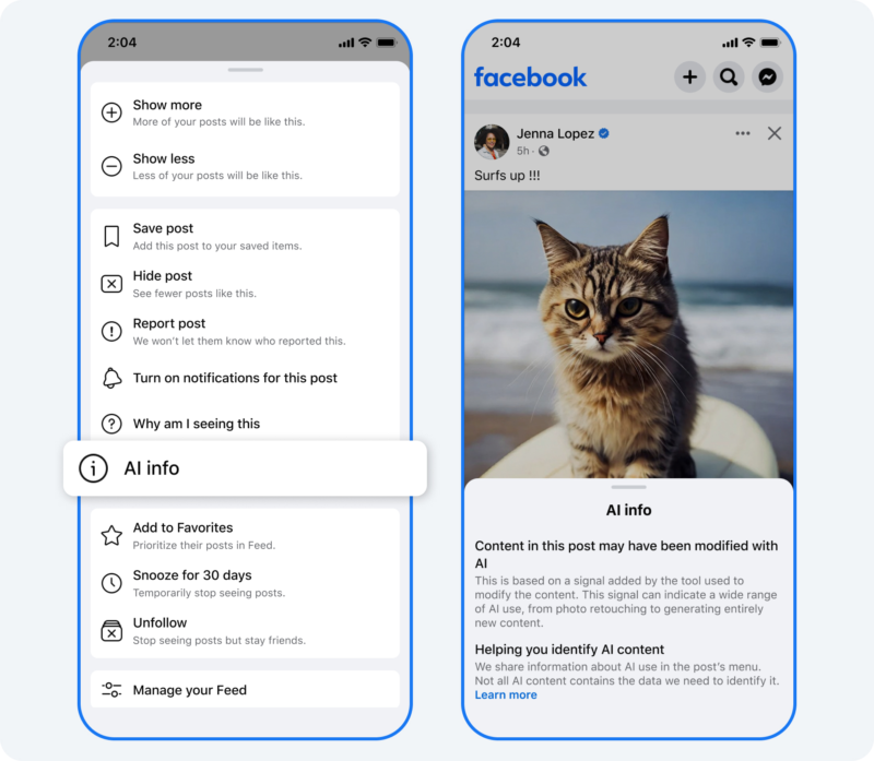 Two smartphone screens display Facebook interfaces. The left screen shows a settings menu, open to the "AI info" section. The right screen shows a post from Jenna Lopez featuring a cat on a beach, with a notice indicating that the photo may have been modified with AI.