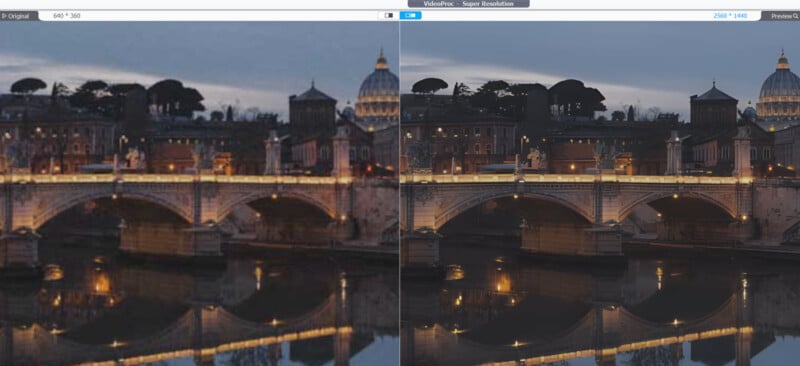 A side-by-side comparison of a cityscape photo showing the same scene with different resolutions. The left side appears blurry and pixelated, while the right side is sharp and clear. Both sides depict a bridge over water with illuminated buildings in the background.