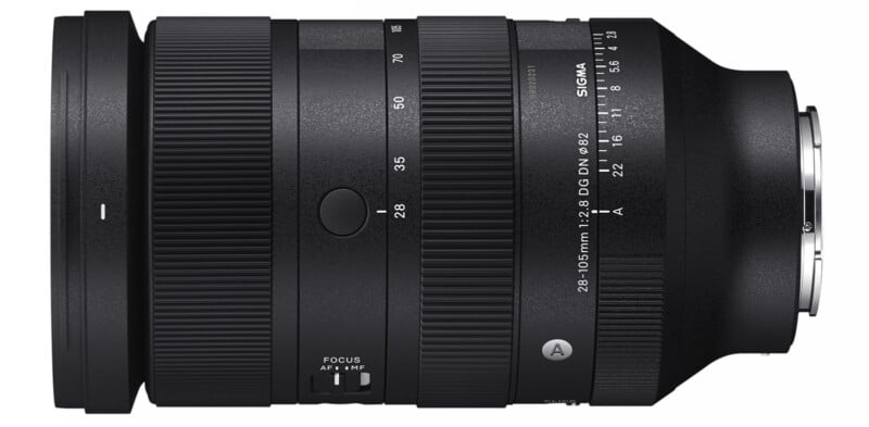 A black Sigma 28-105mm f/2.8 DG DN lens is shown horizontally against a white background. The lens has various settings and focus adjustment rings, as well as a visible scale for focal lengths and a switch for autofocus and manual focus.