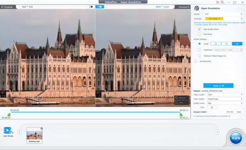 A split-screen image showing a video upscaling software interface. The left side displays a lower-resolution picture of an ornate building, while the right side shows the same building in higher resolution. The interface includes various settings and control options.