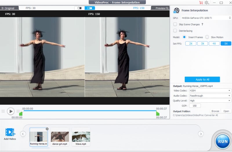 Screenshot of VideoProc with a frame interpolation process displaying. The left side shows an original video frame while the right side shows an interpolated frame. Below are video thumbnails and playback controls. The interface has settings for adjusting FPS and output.