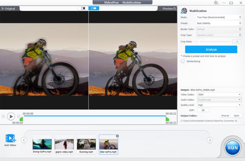 A screenshot of VideoProc software showing a bike rider on a mountain trail. The interface includes video stabilization options on the right, a video timeline with labeled clips at the bottom, and a side-by-side comparison of the original and stabilized videos on the top.