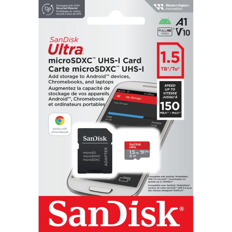 Packaging of a SanDisk Ultra microSDXC UHS-I card with an adapter. The capacity is 1.5 TB, and the card features up to 150MB/s speed, A1 performance for Android apps, and full HD video recording. The packaging displays compatibility with Android devices and Chromebooks.