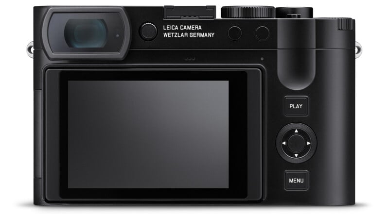 Rear view of a black Leica digital camera. It features an electronic viewfinder in the top left, a large LCD screen occupying most of the center, and control buttons including Play, Menu, and directional keys to the right of the screen.