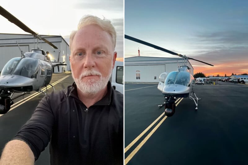 A man with short white hair and a beard takes a selfie in front of a helicopter (left). The right side has a wider shot of two helicopters parked on an airport tarmac with a sunset sky in the background. Both are near a hangar.