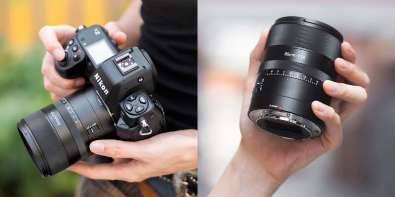 A person holding a Nikon DSLR camera with an attached lens in their hands is shown on the left. On the right, a hand holds a separate 85mm f/1.8 camera lens. Both images focus on the photographic equipment being held.