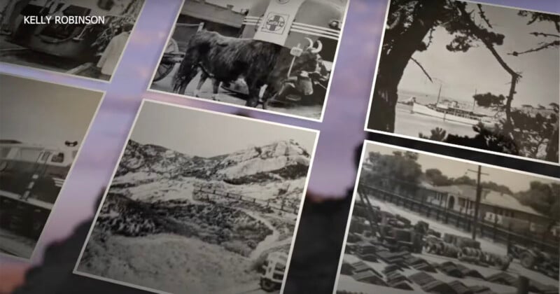 A collage of black and white photos, including a bull near a truck, a coastal scene with ships, a train moving along mountainous terrain, and a railway station with stacked cargo. The name "Kelly Robinson" is visible in the top left corner.