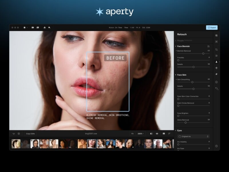 A photo editing interface is displayed. The image shows a woman's face with a square labeled "BEFORE," highlighting skin blemishes. The right sidebar lists retouching options like Face Blemish, Face Smoothing, and Color Correction. The top bar reads "aperty.