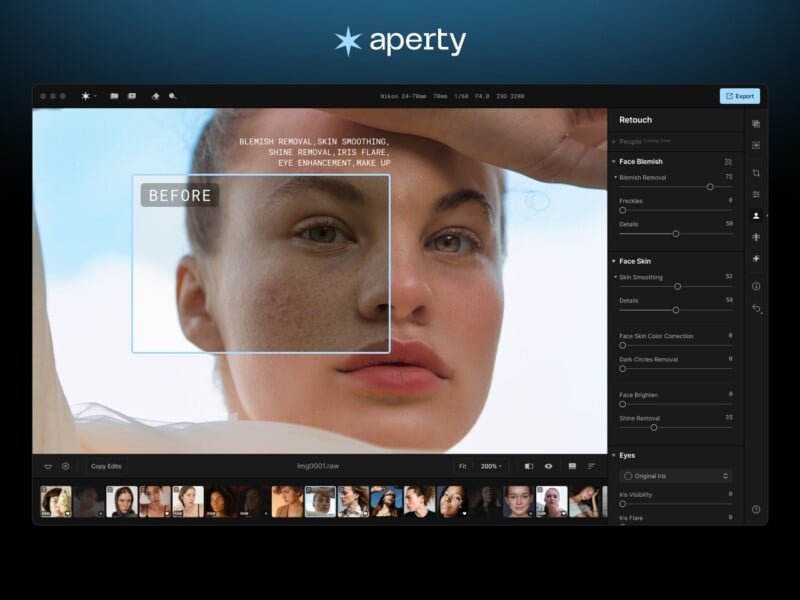 A computer screen displays an image editing software interface with a photo of a person's face. The software menu highlights options such as face blemish removal, eye enhancement, and makeup application. A "Before" box is overlayed on part of the face. The software is named Aperty.